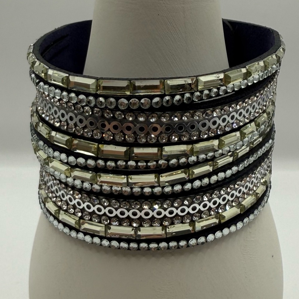 Blue Velvet Cuff Bracelet – Silver Beads & Rhinestone Crystal Embellishments - Picture 7 of 7
